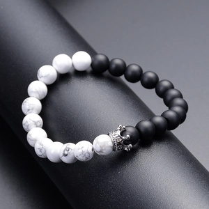 8mm white turquoise and matte black stone crown bracelet with micro-pave cubic zirconia