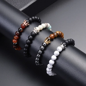 Set of 8mm natural white turquoise and matte onyx crown beaded bracelets for men and women