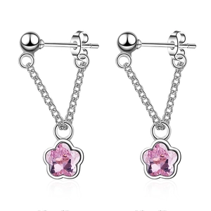 Silver drop earrings with pink crystal flower pendant and chain for a sweet feminine look