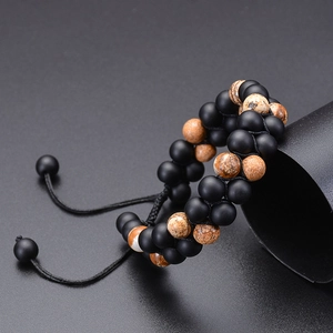Double-layer natural matte stone and map jasper beaded bracelet with adjustable braided cord