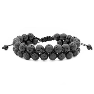 Detail of double-layer black lava stone beaded bracelet with adjustable braided rope cord