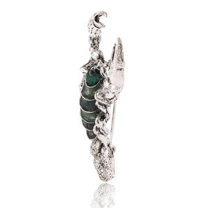 Vintage scorpion brooch in silver alloy with dark green enamel and metallic finish