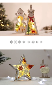 Détail de décorations de Noël en bois lumineuses avec bonhomme de neige et LED
