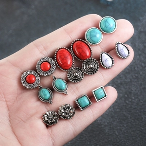 Retro turquoise earring set with 12 pairs of vintage bohemian studs in floral designs