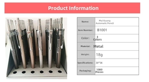Detailed spec sheet and close-up of metallic mechanical pencils in gold, silver, and grey