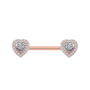 Detail of rose gold nipple ring featuring symmetrical heart shapes and white zircon inlays