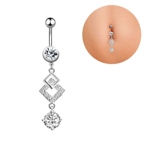 Detailed view of silver navel ring with zircon stones and human wear demonstration
