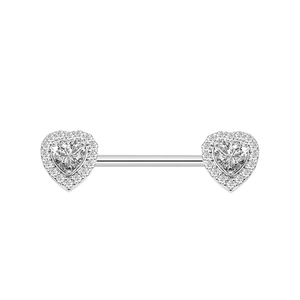 Macro view of silver heart-shaped zircon nipple ring with symmetrical pave-set crystals