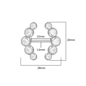 Detailed size chart for silver nipple ring with zircons showing 1.6mm gauge and 15mm width