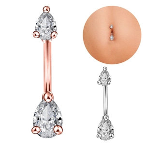 Detail of tear-drop zircon navel rings in rose gold and silver finish with model view