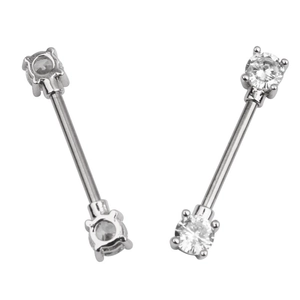 Close-up of silver piercing bars with sparkling clear cubic zirconia stones on both ends