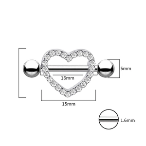 Detailed size chart showing 1.6mm barbell and zircon heart nipple ring dimensions