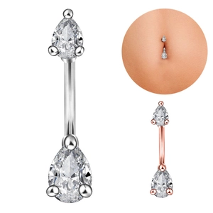 Pear-cut cubic zirconia belly button rings in silver and rose gold finishes