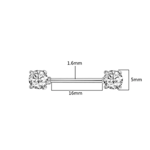 Detailed size chart of stainless steel nipple ring with 1.6mm bar and 5mm zircon studs