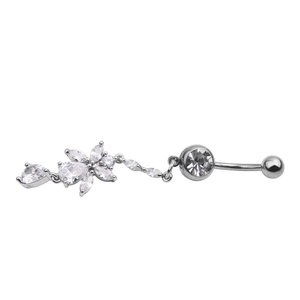Detail of silver belly ring with teardrop and marquise zircons in a floral design