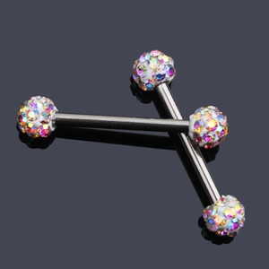 Detailed close-up of crisscross barbell nipple rings with radiant AB crystal zircon stones