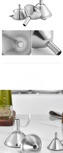 Detailed close-up of food-grade stainless steel funnels with polished brushed finish