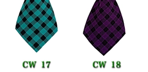 Detail view of plaid pet neckties in teal and purple patterns for dogs and cats
