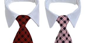 Detail of red and pink plaid pet bow tie collars with white cotton shirt collars