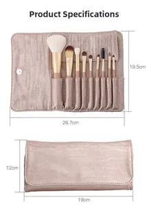 Detailed size specifications for 10-piece makeup brush set with champagne velvet bag