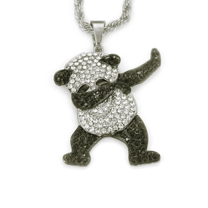 Close-up of iced out panda pendant with black and white rhinestones on twist chain