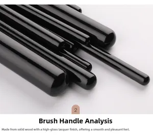 Detail of solid wood makeup brush handles with premium black lacquer finish and glossy shine