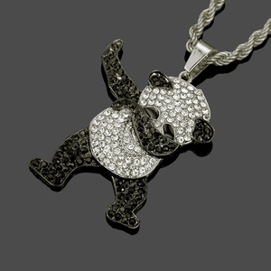 Hip hop panda pendant necklace with black and white crystals on silver twist chain