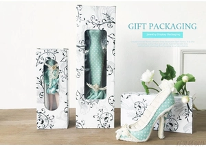 Detail of high heel and dress jewelry displays in mint polka dot with gift packaging