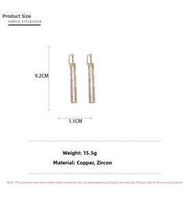 Size guide for long rectangular gold earrings with cubic zirconia, 9.2cm length