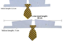 Size chart showing dimensions for pet striped tie collars with adjustable velcro