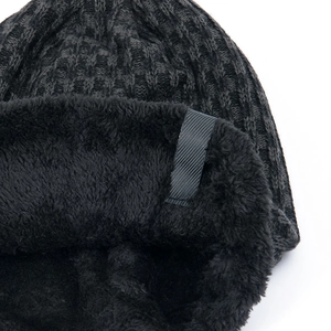 Men's winter knit beanie with warm fleece lining and gray waffle pattern design