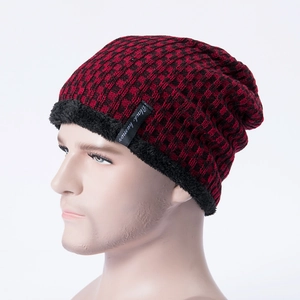 Men's winter knit beanie with red and black checkered pattern and warm fleece lining