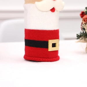 Knitted Santa Claus wine bottle cover with white beard and belt for Christmas table decor