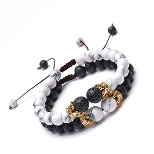 8mm Lava Stone and White Turquoise Couple Bracelets with Gold Zircon Crown Detail