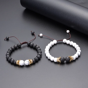 8mm lava stone and white turquoise couple bracelets with gold zircon crown charms