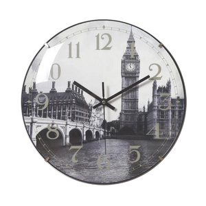 12-inch round wall clock featuring London Big Ben scenic dial and arched glass cover