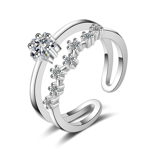 Double-layered silver star ring with zircon accents and adjustable open band for women