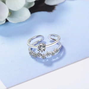 Double-layered silver star ring with sparkling zircon stones and adjustable open band