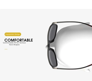Ergonomic TR90 sunglasses with silver metal hinges on a model for a comfortable fit