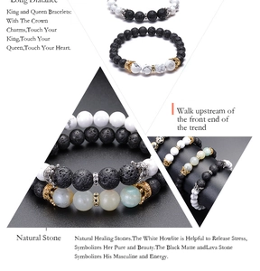 Detailed macro view of King and Queen crown pendants on natural stone couple bracelets