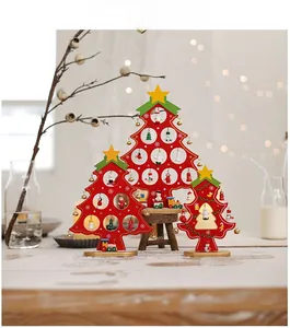 Three-piece red wooden Christmas trees with stars and mini hanging ornaments for desk decor