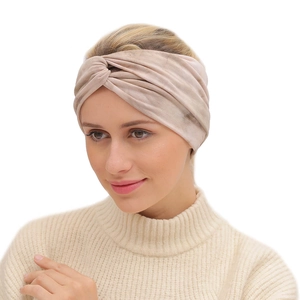 Bohemian style cross knot tie-dye elastic wide headband for women in sand beige marble