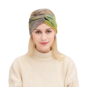 Bohemian tie-dye wide elastic headband with knot design in olive green and yellow colors