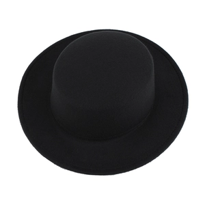 Classic black wide brim wool felt boater hat with a flat top for a minimalist winter style
