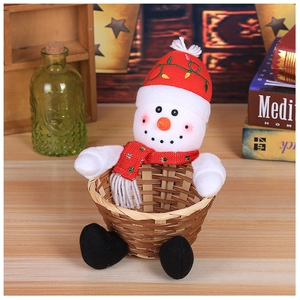 Detail of a snowman woven basket with a red hat and striped scarf for Christmas decor