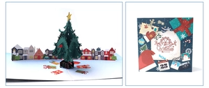 Detailed view of 3D pop-up Christmas tree card and festive collage cover design