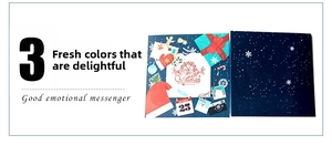 Detail of 3D pop-up Christmas cards featuring dark blue snowy night and festive patterns