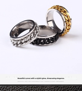 Detail showing gold, silver, and black chain-inlaid stainless steel spinner rings