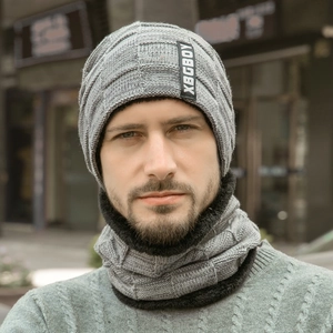Men's winter knit beanie hat and fleece-lined neck warmer set in grey with XBGBOY logo