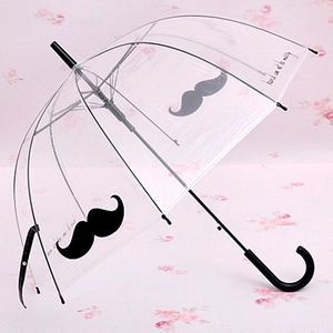 Paraguas transparente semiautomático con estampado de bigote y mango de gancho negro clásico